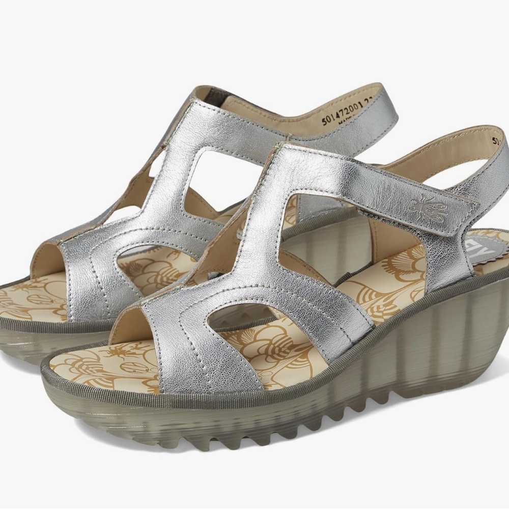 Fly London Silver Wedges Size 8.5 New in Box